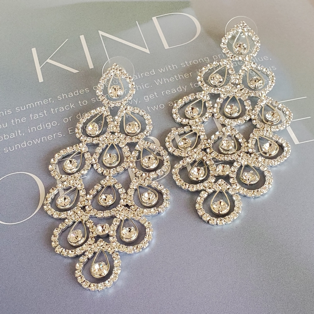 PLATINUM SILVER CZ Chandelier Earrings Waterfall Statement Bridal Wedding Bling - Picture 3 of 10